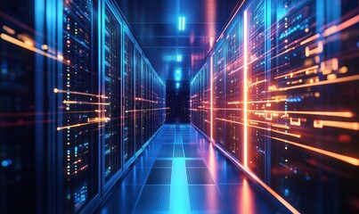 Poster - Data center corridor with illuminated servers and digital connections, showcasing advanced technology and infrastructure