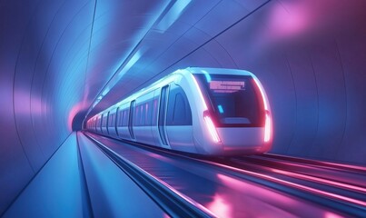Poster - Futuristic train in neon tunnel, sleek design, vibrant colors, illuminated tracks, modern transportation concept, advanced technology, urban setting