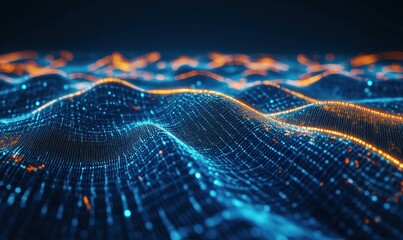 Poster - Digital wave patterns, glowing blue and orange lights, abstract representation of data flow, technology concept
