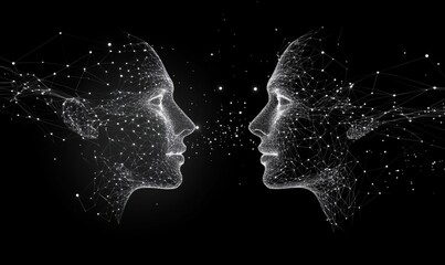Poster - Digital faces connected by network of lines and dots, representing communication and technology. Abstract representation of human interaction and AI.