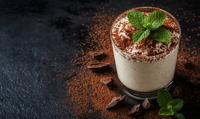 Poster - Chocolate dessert with mint garnish, creamy texture, cocoa powder, dark chocolate pieces, elegant presentation