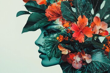 Poster - Abstract portrait of a woman's face adorned with vibrant flowers and leaves, representing nature and beauty. Colorful and artistic concept of femininity and flora.