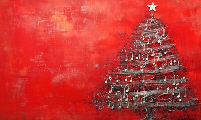 Poster - Christmas tree decorated with musical notes, red background, star on top, artistic design