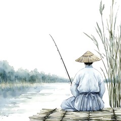 Wall Mural - Serene Watercolor Painting of a Fisherman on a Bamboo Raft, Contemplating a Calm Lake.