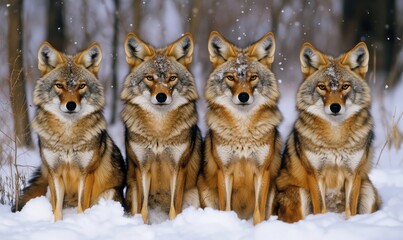  Coyotes in snow, four standing together, winter scene, snowy background, alert expressions, fur details, natural habitat