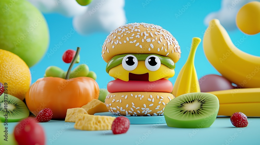 Delightful animated burger character colorful food scene playful ...