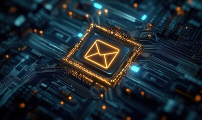 Poster - email symbol on circuit board, glowing orange, intricate electronic design, technology concept, digi