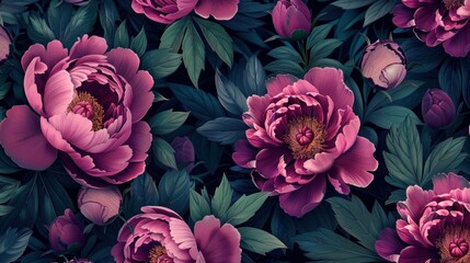 Canvas Print - Beautiful peony flowers in shades of pink and purple surrounded by lush green leaves, creating a vibrant floral pattern on a dark background.