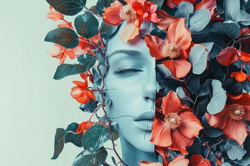 Poster - Artistic portrait of a serene woman partially hidden by vibrant flowers and leaves, expressing tranquility and harmony with nature. Colorful and creative composition.