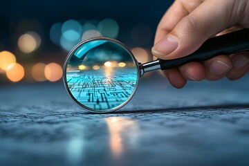 Fototapete - Exploring digital innovation magnifying technology details urban setting photography nighttime conceptual focus for seo impact