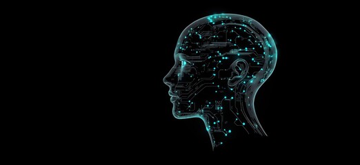 Poster - Digital brain silhouette with circuitry design, glowing blue lines and nodes, representing artificial intelligence and technology integration.
