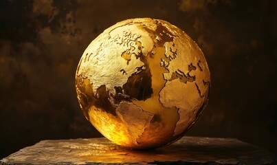 Poster - Golden globe sculpture depicting Earth, intricate details of continents, warm lighting, artistic representation, textured surface