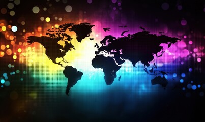 Poster - Colorful world map silhouette with vibrant background, abstract design featuring bright bokeh lights and gradient colors