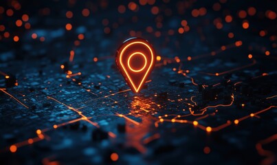 Poster - glowing location pin on digital map, vibrant neon lights, urban landscape, technology concept