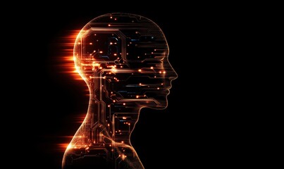 Poster - digital human silhouette with circuit patterns, glowing lines, and lights, representing technology a