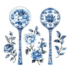 Canvas Print - Watercolor illustration of two blue and white porcelain spoons with floral designs and accompanying floral elements.