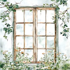 Sticker - Watercolor Painting of an Old Wooden Window with Vines and Flowers.