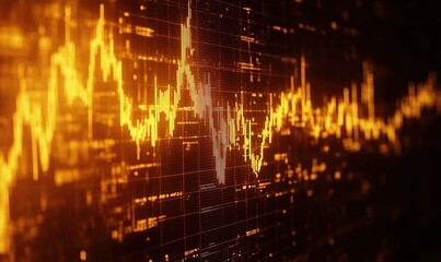 Poster - Digital waveform visualization, abstract representation of sound or data signals, vibrant orange and yellow colors, intricate patterns, technology background