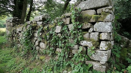 Overgrown stone wall ruins in a lush green landscape.