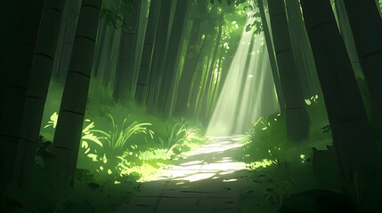 Wall Mural - sunbeams illuminate a tranquil path through a dense bamboo forest.