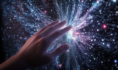 Wall Mural - a hand reaching towards a cosmic explosion of stars and galaxies.