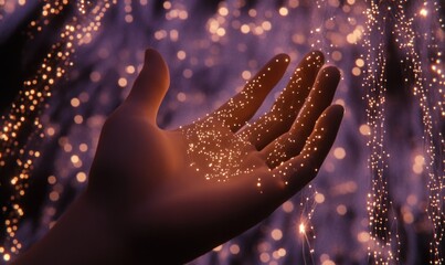 Wall Mural - a hand holding sparkling particles against a dreamy, illuminated background.