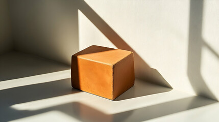 Wall Mural - Sunlit tan cube on white surface, casting shadows.
