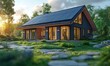 © Five Million Stock - the house and solar panels on the roof. The concept of an energy-efficient home. 3D illustration design,
