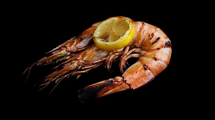 Grilled shrimp garnished with lemon on a black background showcasing culinary elegance