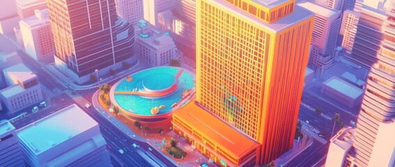 Wall Mural - a vibrant cityscape featuring modern buildings and a circular water feature.