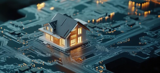 Poster - House on circuit board, modern technology, digital architecture, illuminated windows, futuristic design, integration of home and technology