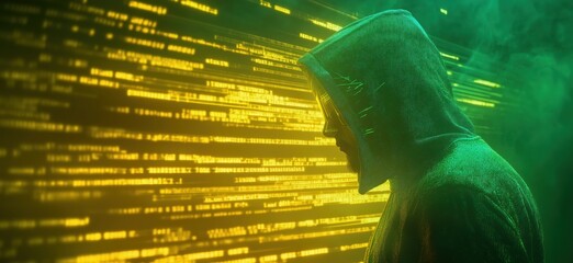 Poster - Hacker silhouette against digital code background, mysterious atmosphere, green and yellow hues, technology theme, cyber security, data breach