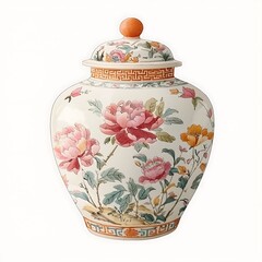 Canvas Print - Ornate Porcelain Jar with Floral Design and Lid.