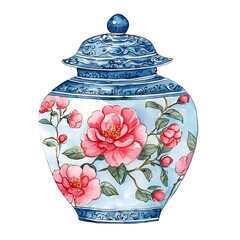 Canvas Print - Watercolor Painting of a Blue and White Porcelain Jar Decorated with Pink Camellias.