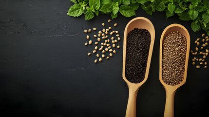 Wall Mural - top view of coriander, black cumin seeds in wooden scoops on dark background with fresh herbs.