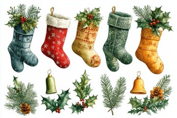 Wall Mural - A set of various popular Christmas item including Christmas stockings, holly leaves, and decorative bells positioned individually with sharp, clear edges, making them ideal for design and creative 