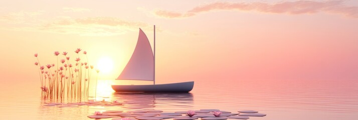 Wall Mural - a serene sunset view featuring a sailboat and water lilies.