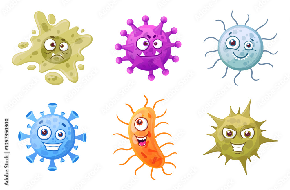 Microbes mascots. Cartoon bacteria, microbes and viruses with facial ...