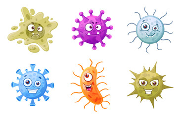 microbes mascots. cartoon bacteria, microbes and viruses with facial emotions flat vector illustrati