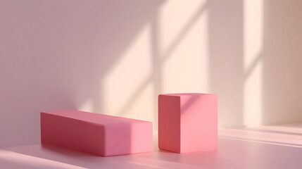 Wall Mural - Two pink rectangular platforms, different sizes, illuminated by sunlight against a pale pink wall.