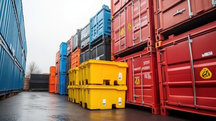 Poster - Stacked Cargo Containers And Plastic Storage Bins