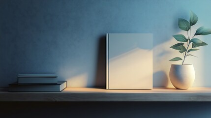 Sticker - Book Plant And Books On Wooden Shelf Against Blue Wall