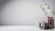 © Chalermrach - Contemporary Christmas presents banner with copy space on cool gray background, festive, gifts