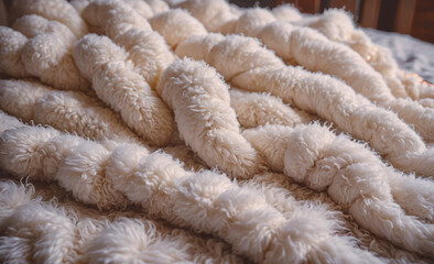 Poster - A white blanket with a bunch of white yarn on it. The yarn is twisted and curled up