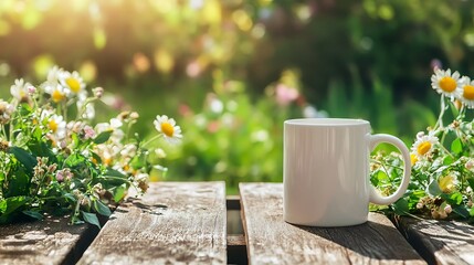 Wall Mural - White Mug On Wooden Table Amidst Daisies In Sunlight