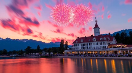 Wall Mural - Spectacular Fireworks over Lakeside Chateau 