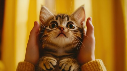 Poster - Adorable kitten held gently in hands. AI.