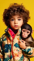 Canvas Print - Child holding a monkey. AI.