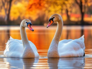 Wall Mural - Two swans gracefully glide on calm water. AI.