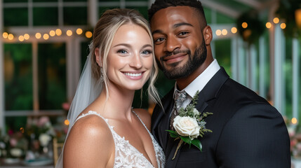 Smiling newlyweds in an elegant indoor setting, romantic and joyful wedding portrait